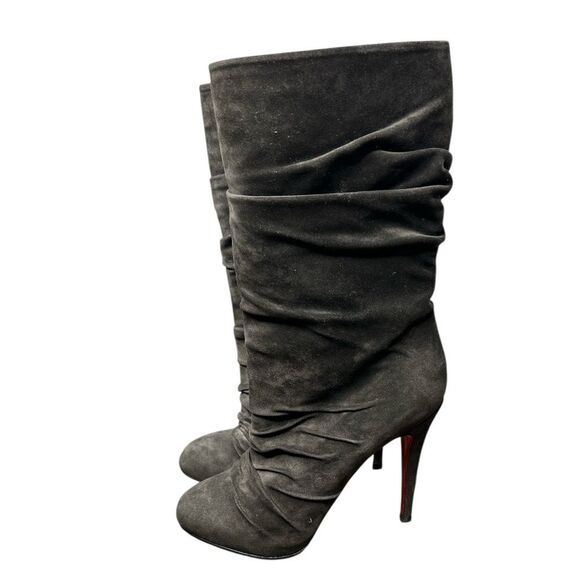 Christian Louboutin Gray Suede Slouch Boots Red Sole Stiletto Heel Size 37.5 - Picture 3 of 6